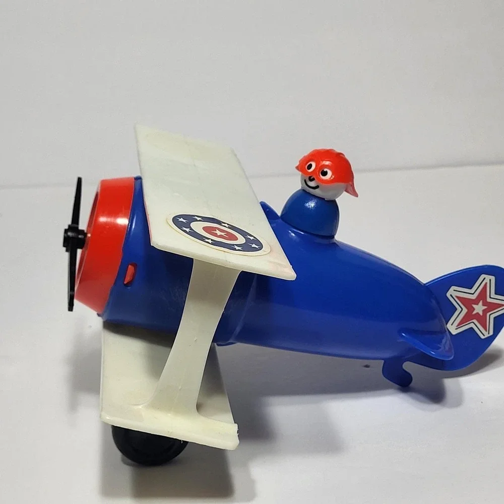 Vintage Fisher Price Little People Blue Biplane Airplane Toy with Pilot Figure